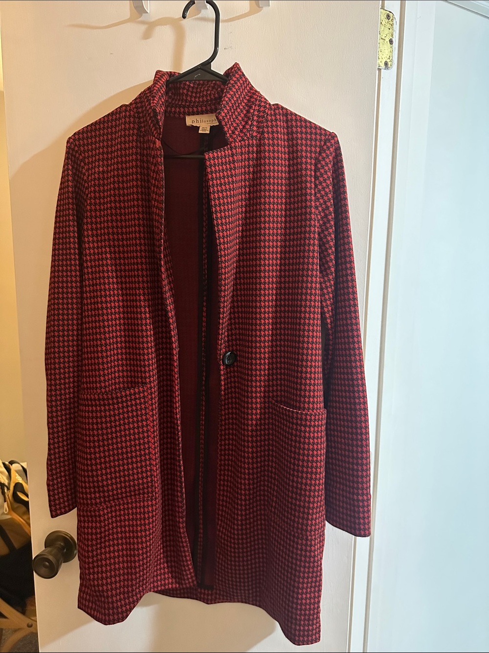 Philosophy Red and Black Houndstooth Long Blazer